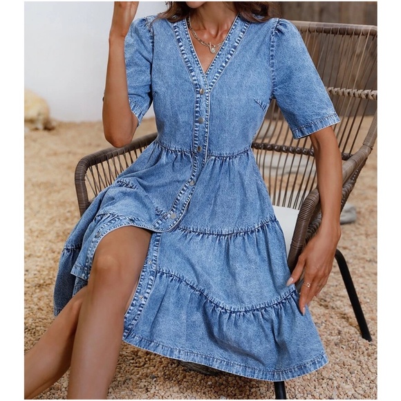 Chambray Button up Ruffle denim Mini Dress - Picture 2 of 7